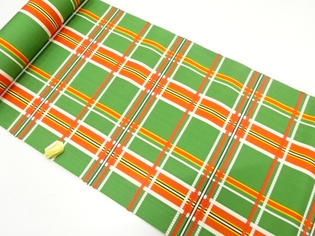 JAPANESE KIMONO / ANTIQUE CHECKERED PATTERN WOVEN 8-SUN OBI FABRIC BOL